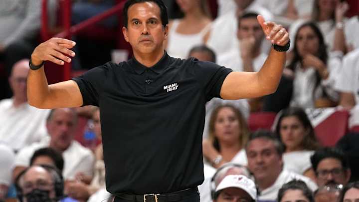 Miami Heat's Erik Spoelstra And Miami Dolphins' Mike McDaniel Exchange Ideas During Training Camp Visit