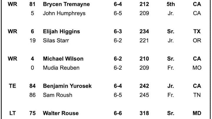 Stanford Depth Chart vs Notre Dame