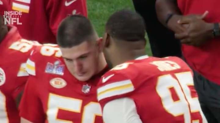 Mics Caught Chris Jones Having Heartfelt Conversation With Teammate Before Crying During Super Bowl National Anthem