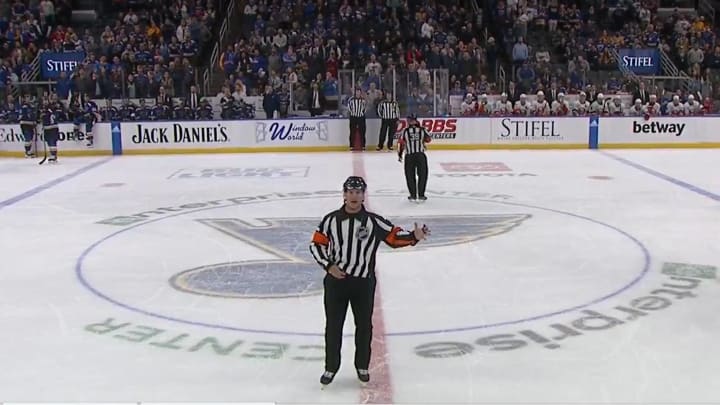 NHL Ref Trolled Blues Crowd During Review Announcement and Fans Loved It NHL Ref Trolled Blues Crowd During Review Announcement and Fans Loved It