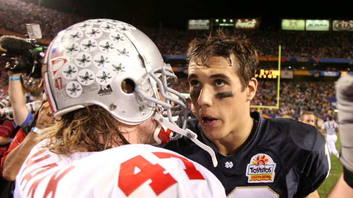 Pat McAfee Borrows Brady Quinn’s Sister’s Iconic Split Jersey Ahead of Ohio State-Notre Dame