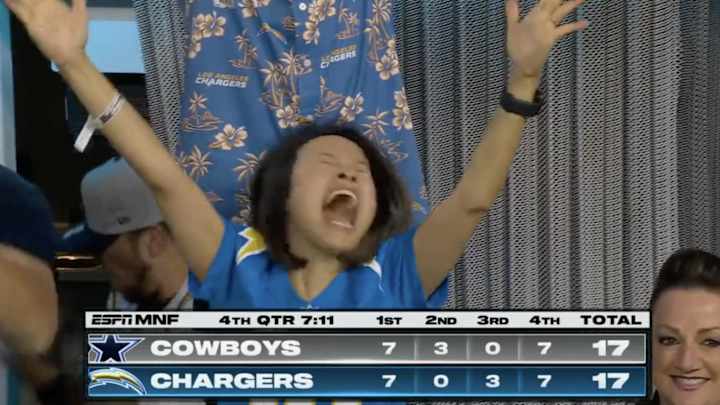 This Fired Up Chargers Fan Became a Meme During Her Team’s Loss to the Cowboys on ‘MNF'