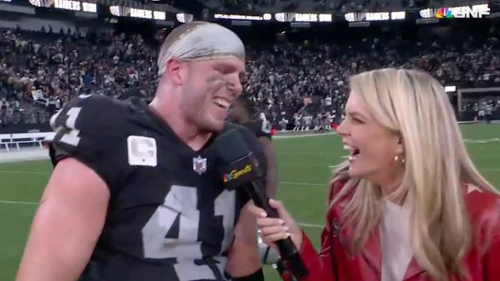 Raiders LB Robert Spillane Shares Awesome Family News in Electric Postgame Interview