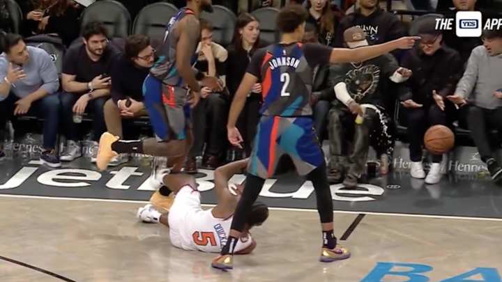 Nets Announcer Had Perfect Call of Travis Scott’s Drink Getting Crushed By Loose Ball