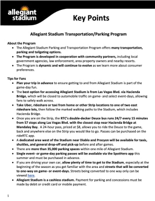 Allegiant Stadium - Parking and Transportation Program - Key Points  - 6.1.21