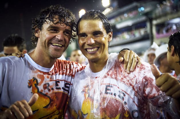 Kuerten and Rafael Nadal during the carnival at the Sambodrome in Rio de Janeiro.