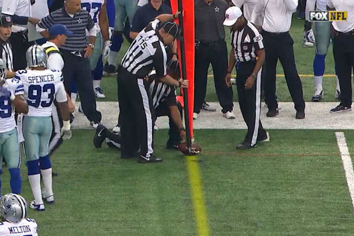 The original spot, at the 47, appeared generous, and Dallas coach Garrett will challenge. (NFL Game Rewind)