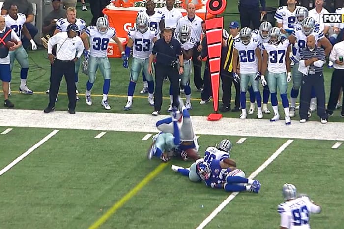 The play in question: Dallas’s Church takes down the Giants’ Preston. (NFL Game Rewind)