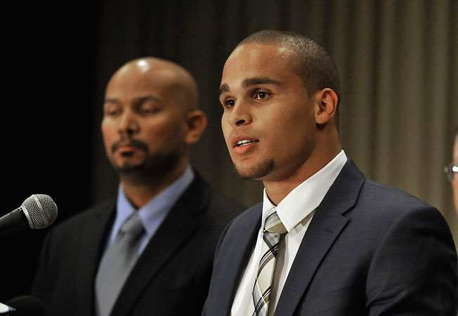 Former Northwestern QB Kain Colter (right) led the effort to form a union. (AP Photo/Paul Beaty)