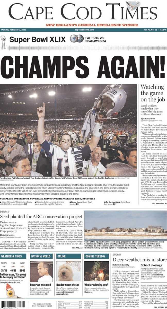 Super Bowl 2015: Newspaper front pages from New England, Seattle