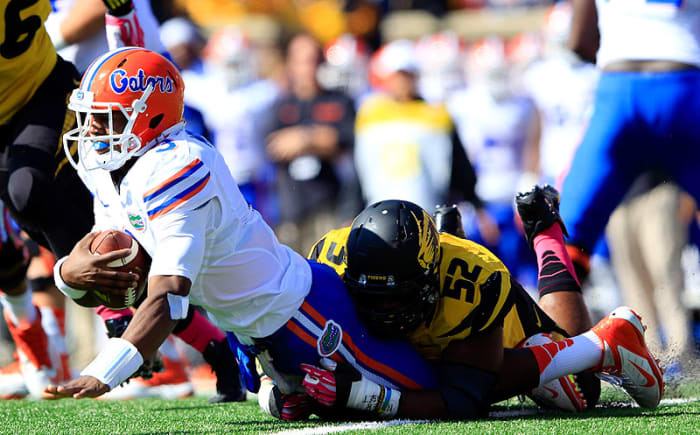 Sam had three sacks against the Gators, who allowed 27 in 12 games and fired their offensive line coach after their season. (Jamie Squire/Getty Images)