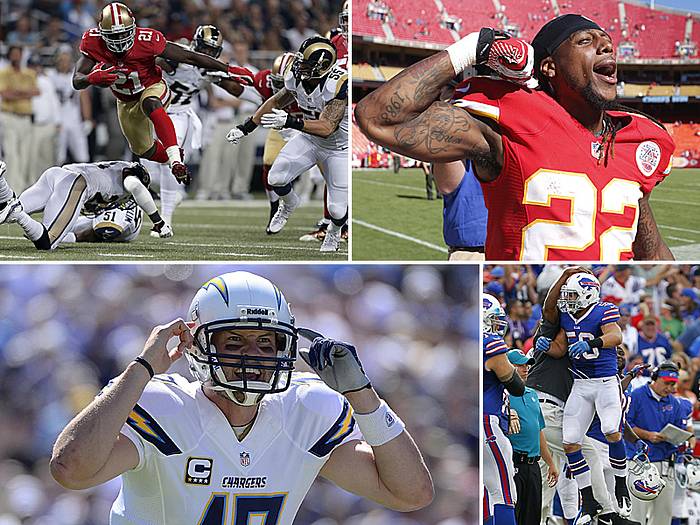 Frank Gore (top left) ended his personal slump, while Dexter McCluster (top right) helped continue the Giants'. Philip Rivers (bottom left) led the league in passing yards with 401 in Week 4, while rookie Kiko Alonso's two picks put him in a three-way tie for the league lead in interceptions (4). (Charlie Riedel/AP :: Donald Miralle/Getty Images :: Ed Zurga/AP :: Bill Wippert/AP)