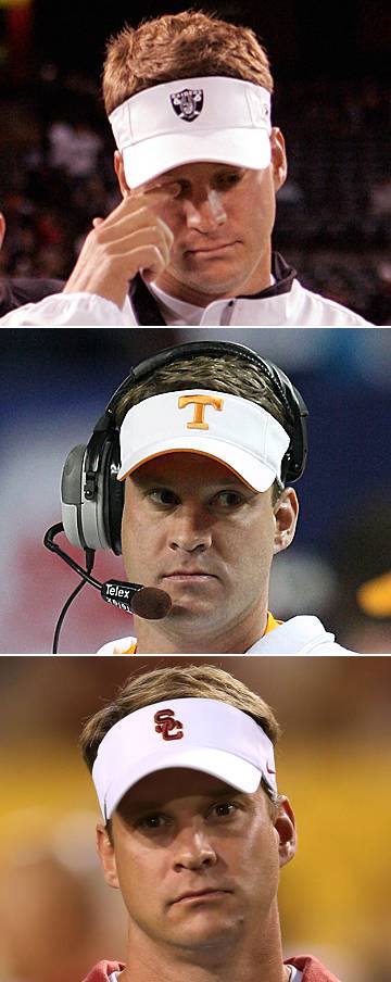 The sad faces of Lane Kiffin throughout the years at his three head-coaching stops. (Paul Sakuma/AP :: Scott Cunningham/Getty Images :: Christian Petersen/Getty Images)