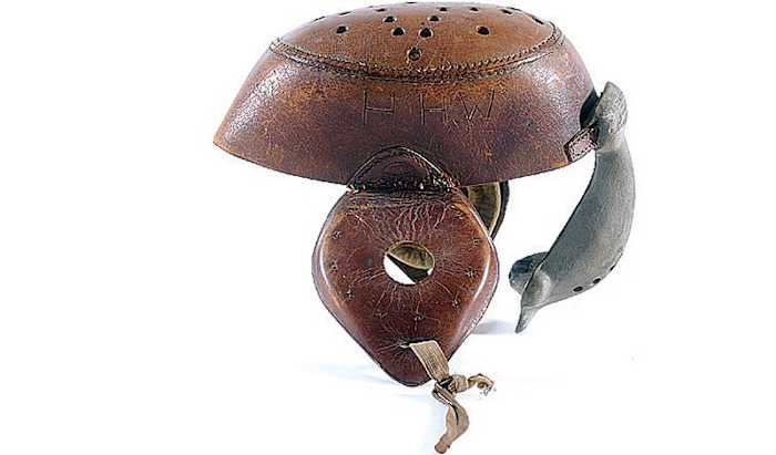 Helmets have come a long way since this leather version worn by Columbia's Harold Weekes in 1902. (Mary Ann Carter/College Football Hall of Fame)