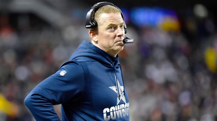 Dec 5, 2019; Chicago, IL, USA; Dallas Cowboys head coach Jason Garrett looks on in the first half against the Chicago Bears at Soldier Field. Mandatory Credit: Quinn Harris-USA TODAY Sports
