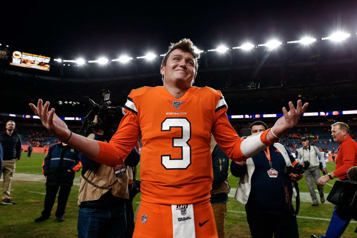 Denver Broncos quarterback Drew Lock (3) reacts after a game against the Detroit Lions at Empower Field at Mile High.