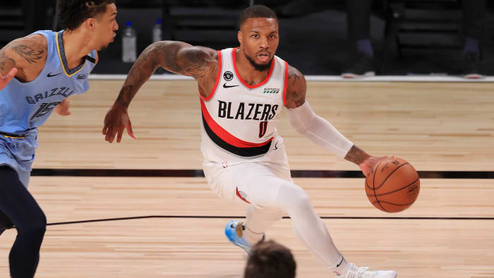 Damian Lillard of the Portland Trail Blazers dribbles during the first half against the Memphis Grizzlies
