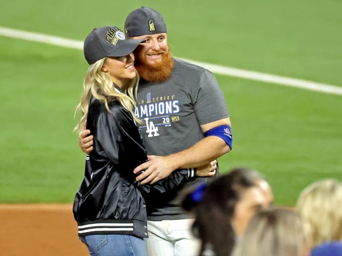 October 27, 2020;  Arlington, Texas, USA;  Third baseman Justin Turner (10) of the Los Angeles Dodgers posed for a photo with his wife Courtney Pogue when the Los Angeles Dodgers defeated the Tampa Bay Rays to win six of the 2020 World Series at the Globe Life Field Lee.