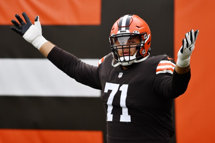 October 11, 2020; Cleveland, Ohio, USA; Cleveland Browns offensive tackle Jedrick Wills (71) is introduced before the game between the Cleveland Browns and the Indianapolis Colts at FirstEnergy Stadium. Mandatory Credit: Ken Blaze - USA TODAY Sports