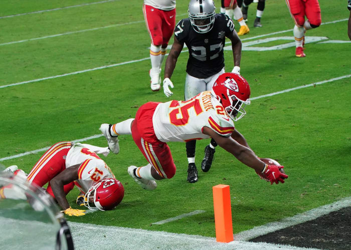Nov 22, 2020; Paradise, Nevada, USA; Kansas City Chiefs running back Clyde Edwards-Helaire (25) scores a touchdown against the Las Vegas Raiders during the second half at Allegiant Stadium. Mandatory Credit: Kirby Lee-USA TODAY Sports