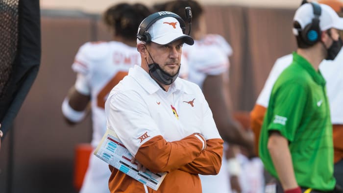 Texas coach Tom Herman watches during a 2020 game