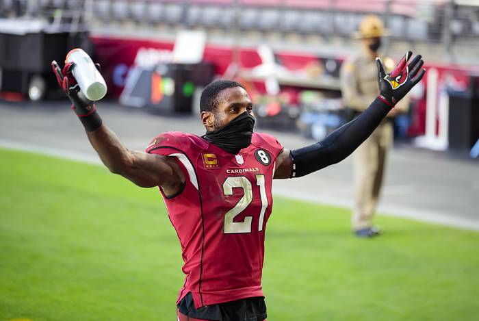 Arizona Cardinals cornerback Patrick Peterson (21) celebrates in the second half against the Buffalo Bills at State Farm Stadium.