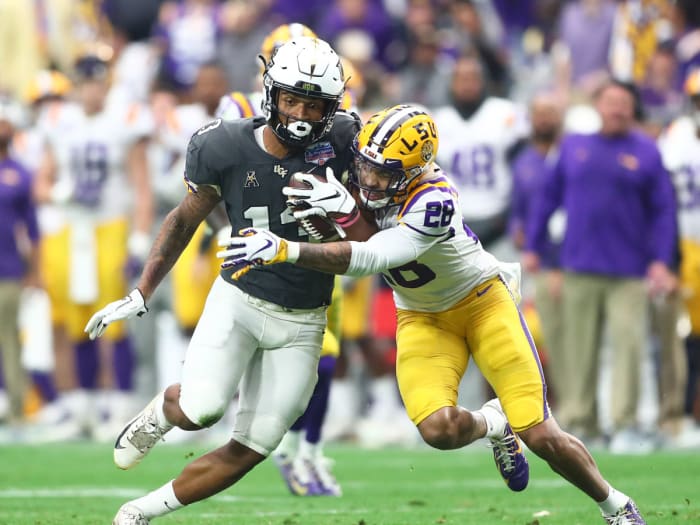 LSU cornerback Mannie Netherly makes a tackle in the 2019 Fiesta Bowl