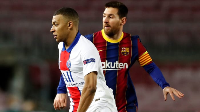 PSG's Kylian Mbappe and Barcelona's Lionel Messi in the Champions League