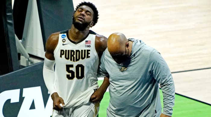 Purdue forward Trevion Williams reacts after losing to North Texas in the first round of the 2021 NCAA tournament.