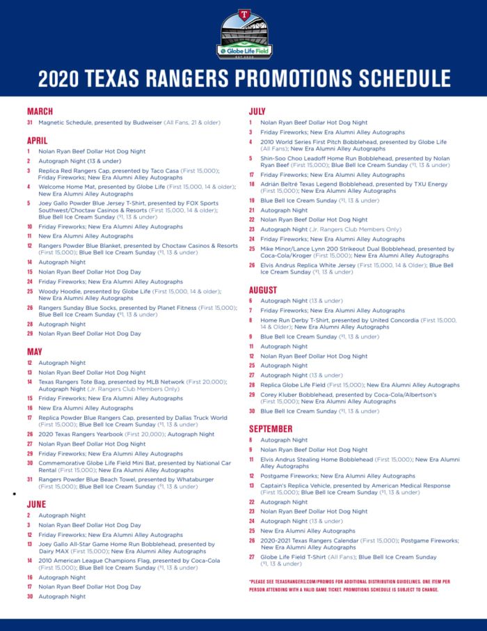Texas Rangers Promotions Schedule Announced for 2020 Season Sports