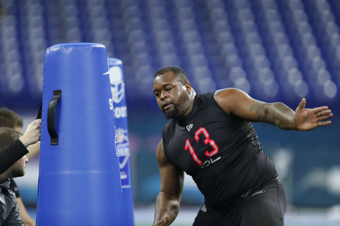 Mississippi defensive lineman Benito Jones (DL13) goes through a workout drill during the 2020 NFL Combine at Lucas Oil Stadium. Mandatory Credit: Brian Spurlock-USA TODAY Sports