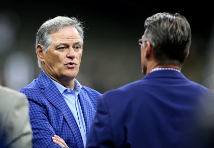Aug 9, 2019; New Orleans, LA, USA; New Orleans Saints general manager Mickey Loomis (left) talks with Minnesota Vikings general manager Rick Spielman before the game against the Minnesota Vikings at the Mercedes-Benz Superdome. Mandatory Credit: Chuck Cook-USA TODAY Sports