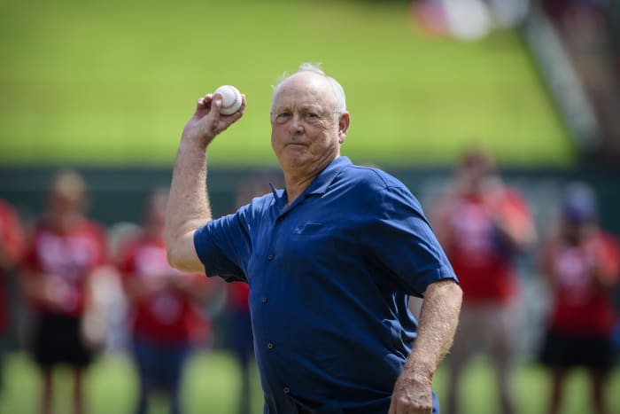 Sep 29, 2019; Arlington, TX, USA; Former Texas Rangers pitcher Nolan Ryan throws out the first pitch before the game between the Rangers and the New York Yankees in the final home game at Globe Life Park in Arlington.