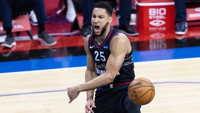 Philadelphia 76ers guard Ben Simmons reacts after dunking the ball against the Washington Wizards.
