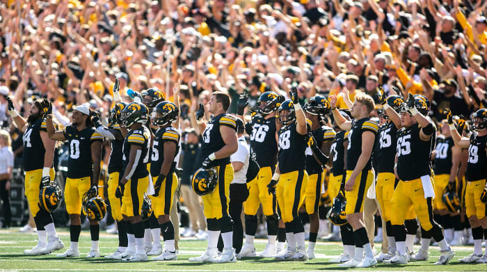 Iowa Hawkeyes players greet patients at Stead Family Children's Hospital during an NCAA nonconference football game against Colorado State on Saturday, Sept. 25, 2021, at Kinnick Stadium in Iowa City, Iowa.