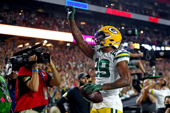 Oct 28, 2021; Glendale, Arizona, USA; Green Bay Packers cornerback Rasul Douglas (29) makes a game winning interception on a pass intended for Arizona Cardinals wide receiver A.J. Green (18) during the fourth quarter at State Farm Stadium.