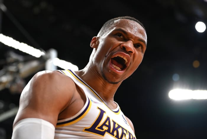 October 31, 2021;  Los Angeles, California, USA;  Los Angeles Lakers guard Russell Westbrook (0) reacts after a basket in the second half at the Staples Center.  Mandatory Credit: Jayne Kamin-Oncea-USA TODAY Sports