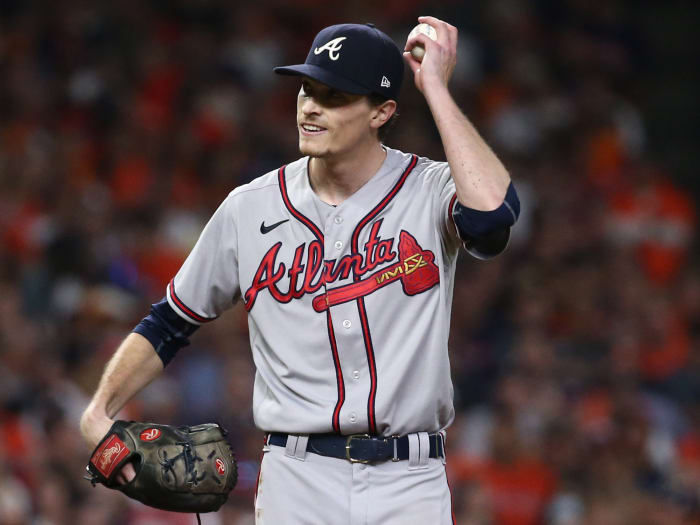 Atlanta Braves starter Max Fried reacts against the Houston Astros during the first inning of Game 6 of the 2021 World Series at Minute Maid Park.
