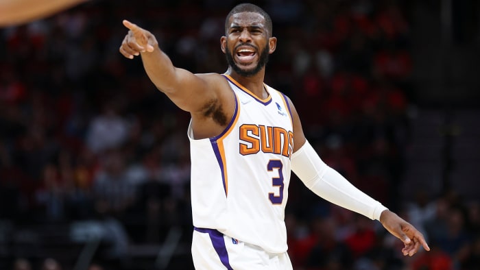Phoenix Suns guard Chris Paul (3) reacts after a play during the second quarter against the Houston Rockets.