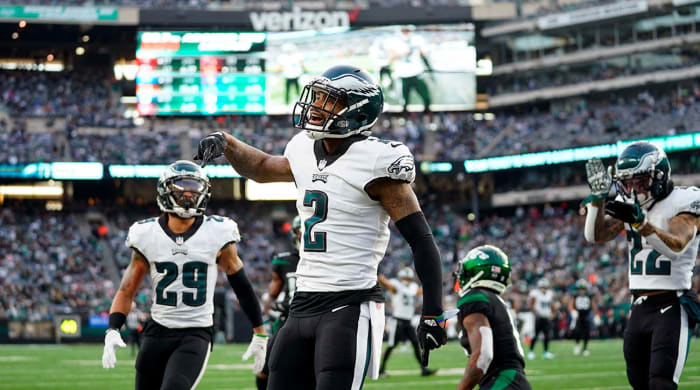 Philadelphia Eagles cornerback Darius Slay (2) reacts after breaking up a pass