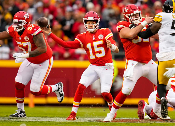 Dec 26, 2021; Kansas City, Missouri, USA; Kansas City Chiefs quarterback Patrick Mahomes (15) throws a pass against the Pittsburgh Steelers during the first half at GEHA Field at Arrowhead Stadium. Mandatory Credit: Jay Biggerstaff-USA TODAY Sports