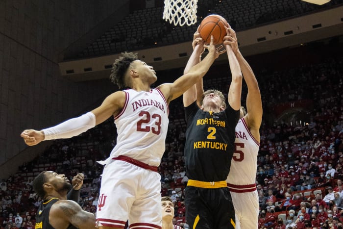 Trayce Jackson-Davis tries to steal the ball from a Northern Kentucky opponent.