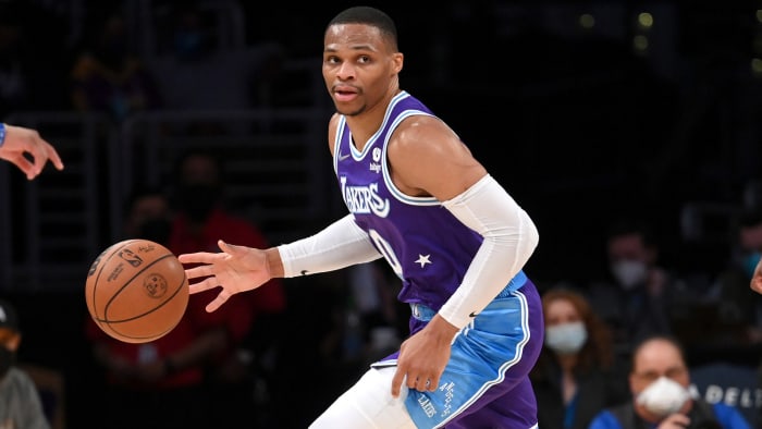 Los Angeles Lakers guard Russell Westbrook dribbles the ball in the second half against the Portland Trail Blazers.