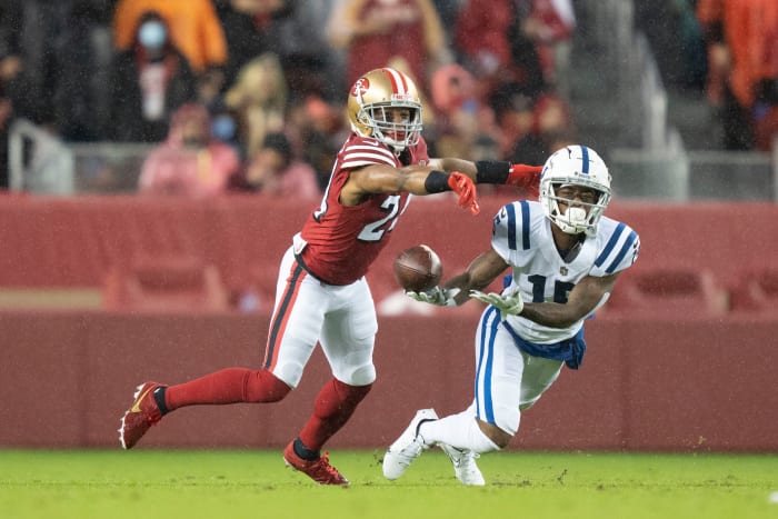 October 24, 2021; Santa Clara, California, USA; San Francisco 49ers defensive back K'Waun Williams (24) is called for pass interference while defending Indianapolis Colts wide receiver Keke Coutee (15) during the first quarter at Levi's Stadium.