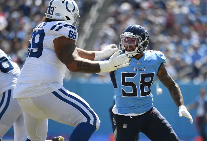 September 26, 2021;  Nashville, Tennessee, USA;  Tennessee Titans linebacker Harold Landry (58) rushes Indianapolis Colts offensive tackle Matt Pryor (69) during the first half at Nissan Stadium.  Mandatory Credit: Christopher Hannewinkel-USA TODAY Sports