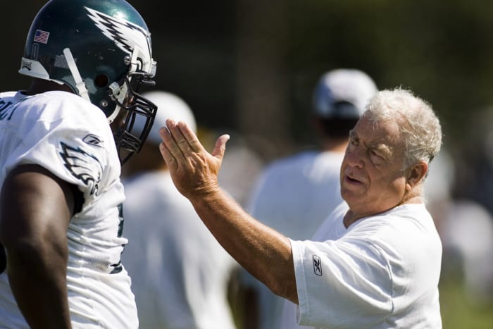 Philadelphia Eagles defensive line coach Pete Jenkins instructs defensive tackle Brodrick Bunkley (78) during training camp at Lehigh University in Bethlehem, Pennsylvania.