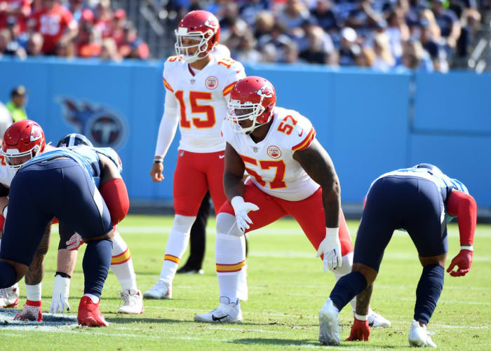 October 24, 2021;  Nashville, Tennessee, USA;  Kansas City Chiefs offensive tackle Orlando Brown (57) lines up in the first half against the Tennessee Titans at Nissan Stadium.  Mandatory Credit: Christopher Hanewinckel - USA TODAY Sports
