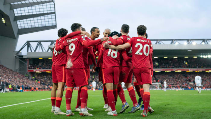 Liverpool celebrates a goal at Anfield