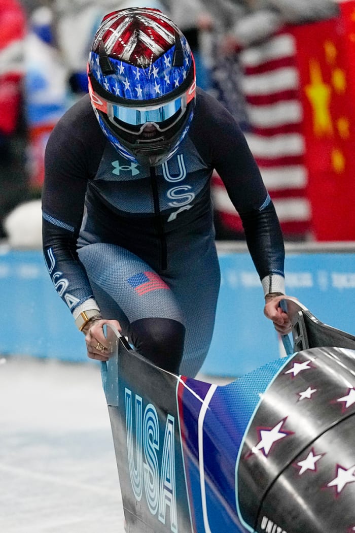 Humphries competes in the first monobob heat in Beijing.