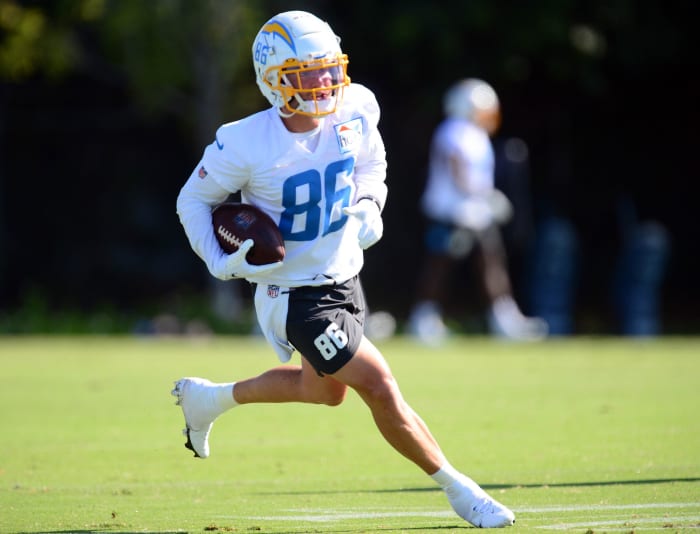 July 29, 2021;  Costa Mesa, California, USA;  Los Angeles Chargers wide receiver Austin Proehl (86) during training camp at Jack Hammett Sports Complex.